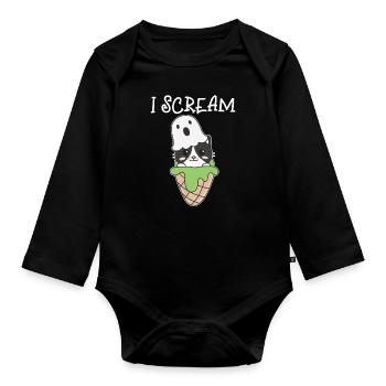 Cat Halloween Ghost I Scream Ice Cream Pun - Organic Longsleeve Baby Bodysuit - black - Front