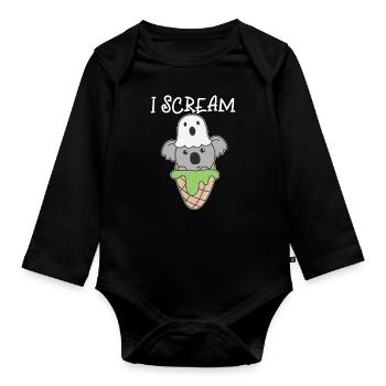 Koala Halloween Geist I Scream Eis Wortspiel - Baby Bio-Langarm-Body - Schwarz - Vorne