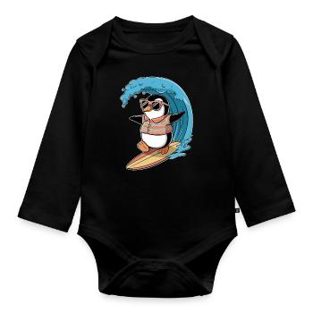Cool penguin surfing with sunglasses - Organic Longsleeve Baby Bodysuit - black - Front