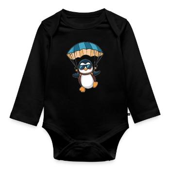 Cool penguin with parachute - Organic Longsleeve Baby Bodysuit - black - Front