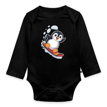 Snowboard Pingouin Snowboarder Mignon - Body Bébé bio manches longues - noir - Devant
