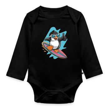 pingouin drôle sur une planche de surf avec des lunettes de soleil - Body Bébé bio manches longues - noir - Devant