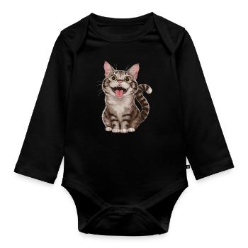 Cheerful tabby cat with wide open - Organic Longsleeve Baby Bodysuit - black - Front