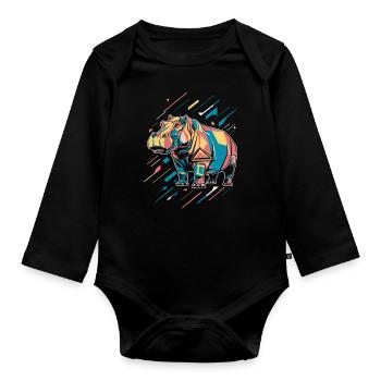 Bunter Geometrischer Hippo Mit Farbspritzern - Baby Bio-Langarm-Body - Schwarz - Vorne