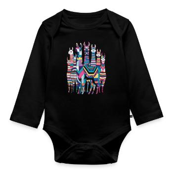 Colorful Llama Pattern Imaginative and Vibrant - Organic Longsleeve Baby Bodysuit - black - Front