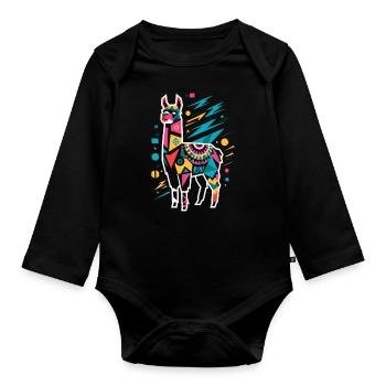 Bunter geometrischer Lama - Baby Bio-Langarm-Body - Schwarz - Vorne