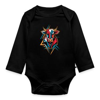 Geometrische Bauernhoftier Grafik Bunte Kuh - Baby Bio-Langarm-Body - Schwarz - Vorne