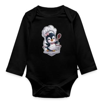 Penguin chef with chef's hat and spoon - Organic Longsleeve Baby Bodysuit - black - Front