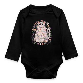 Joli chat fantôme d'Halloween avec des fleurs - Body Bébé bio manches longues - noir - Devant