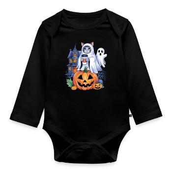 Chat d'Halloween avec citrouille et fantôme - Body Bébé bio manches longues - noir - Devant