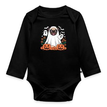 Carlin de citrouilles fantômes de chien d'Halloween - Body Bébé bio manches longues - noir - Devant