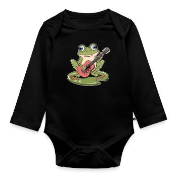 Frog with guitar playing on water lily - Organic Longsleeve Baby Bodysuit - black - Front
