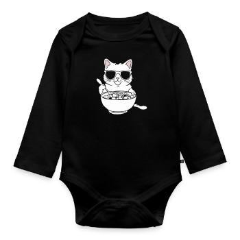 Cat in sunglasses eating cereal - Organic Longsleeve Baby Bodysuit - black - Front