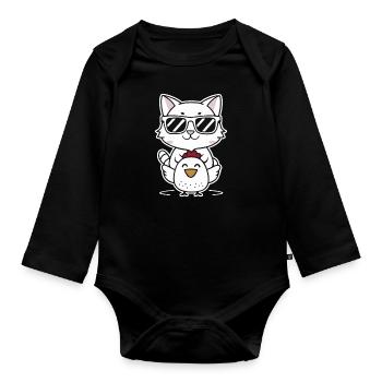 Cat with sunglasses on chicken - Organic Longsleeve Baby Bodysuit - black - Front