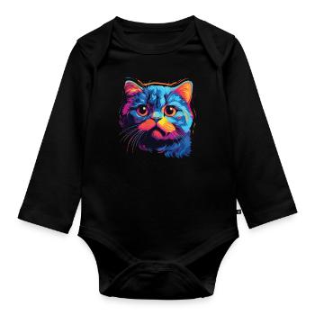 Cat Watercolor Colorful Scottish Fold-eared Cat - Organic Longsleeve Baby Bodysuit - black - Front