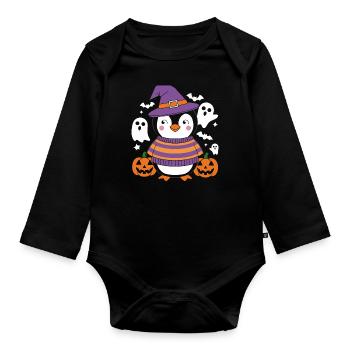 Pinguin Halloween mit Kürbissen und Geistern - Baby Bio-Langarm-Body - Schwarz - Vorne