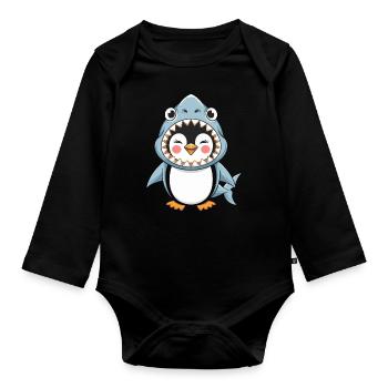 Penguin Halloween: Cute Penguin in Shark Costume - Organic Longsleeve Baby Bodysuit - black - Front