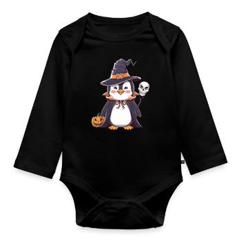 Pingouin Halloween Sorcier avec citrouille et - Body Bébé bio manches longues - noir - Devant