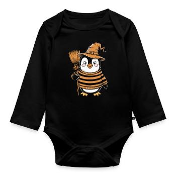 Cute Penguin Halloween Witch with Broom - Organic Longsleeve Baby Bodysuit - black - Front