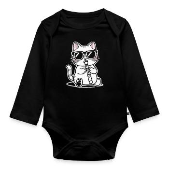 Chat avec des lunettes de soleil jouant de la flûte - Body Bébé bio manches longues - noir - Devant