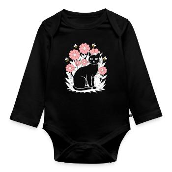 Cottagecore Idylle: Schwarze Katze mit Blumen und - Baby Bio-Langarm-Body - Schwarz - Vorne