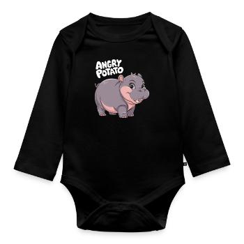 Moo Deng Angry Potato Nilpferd Illustration - Baby Bio-Langarm-Body - Schwarz - Vorne