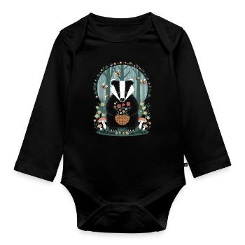 Cottagecore Badger With Flowers In The Woods - Organic Longsleeve Baby Bodysuit - black - Front