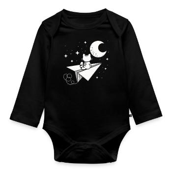 Katze Papierflieger Mond Fly me to the moon Sterne - Baby Bio-Langarm-Body - Schwarz - Vorne
