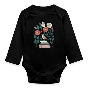 Cottagecore : Oiseaux et fleurs sur les livres - Body Bébé bio manches longues - noir - Devant
