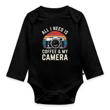 All I need is coffee & my camera - Organic Longsleeve Baby Bodysuit - black - Front