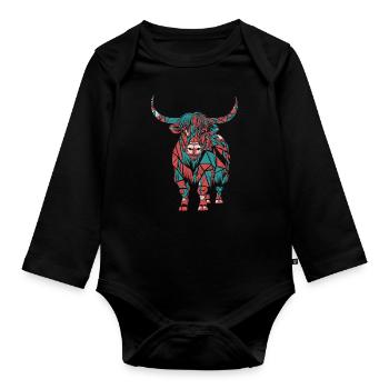 Geometric Farm Animal Graphic Colorful Cattle - Organic Longsleeve Baby Bodysuit - black - Front