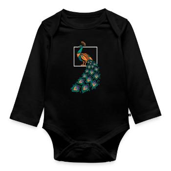 Geometric Farm Animal Graphic Peacock Art - Organic Longsleeve Baby Bodysuit - black - Front