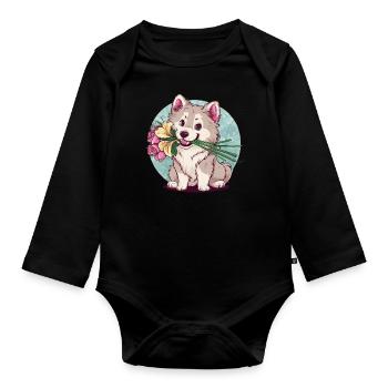 Spitz Samoyède doux aux roses et aux lys - Body Bébé bio manches longues - noir - Devant
