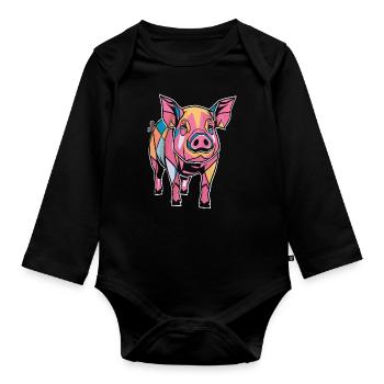 Colorful Geometric Farm Pig Graphic - Organic Longsleeve Baby Bodysuit - black - Front