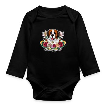 Chien de dessin animé de Saint-Bernard avec des roses et des lys - Body Bébé bio manches longues - noir - Devant