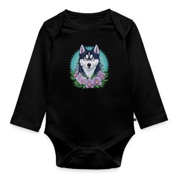 Süßer Cartoon Husky mit hübschen Orchideen - Baby Bio-Langarm-Body - Schwarz - Vorne