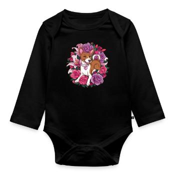 Basenji Dog with Roses and Lillies for Dog Fans - Organic Longsleeve Baby Bodysuit - black - Front