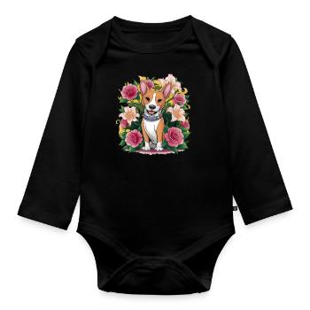 Chien Basenji avec des roses et des lys pour les fans de chiens - Body Bébé bio manches longues - noir - Devant