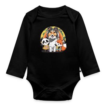 Sheltie (Shetland Sheepdog), Panda und Fuchs - Baby Bio-Langarm-Body - Schwarz - Vorne