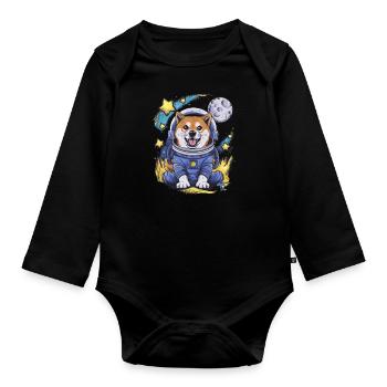 Dessin animé cool Shiba Inu avec la lune et les étoiles - Body Bébé bio manches longues - noir - Devant