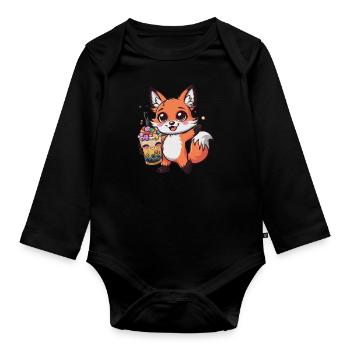 Kawaii Fox with Bubble Tea - Organic Longsleeve Baby Bodysuit - black - Front