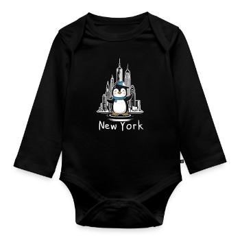Pingouin mignon à New York - Body Bébé bio manches longues - noir - Devant