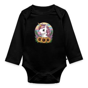 Kawaii Einhorn mit Sonnenblumen und Flieder - Baby Bio-Langarm-Body - Schwarz - Vorne