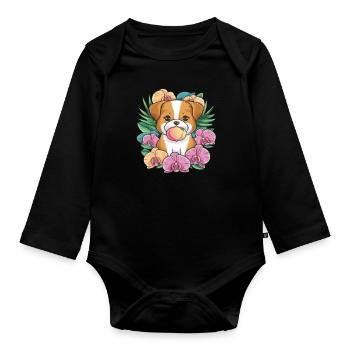 Chien de dessin animé kawaii avec pêche et orchidées - Body Bébé bio manches longues - noir - Devant