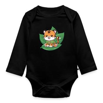 Tiger im Cartoon Stil mit grünem Tee - Baby Bio-Langarm-Body - Schwarz - Vorne