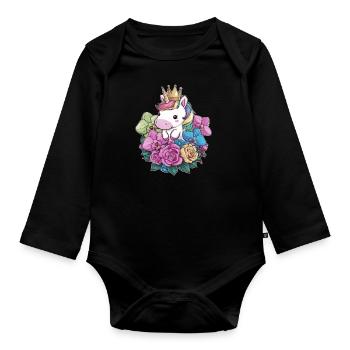 Licorne kawaii avec des roses et des orchidées - Body Bébé bio manches longues - noir - Devant