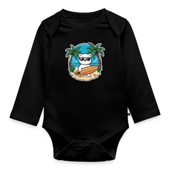 Cool polar bear on the beach with surfboard - Organic Longsleeve Baby Bodysuit - black - Front