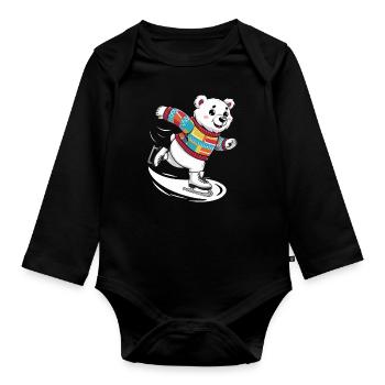 Cute polar bear skating in colorful sweater - Organic Longsleeve Baby Bodysuit - black - Front