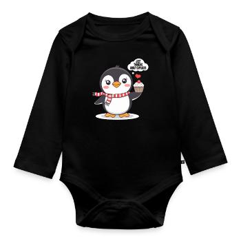 Pinguin Denkt An Cupcakes Süßes Motiv - Baby Bio-Langarm-Body - Schwarz - Vorne