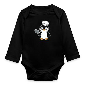 Penguin Chef with Pan Funny Cartoon Motif - Organic Longsleeve Baby Bodysuit - black - Front